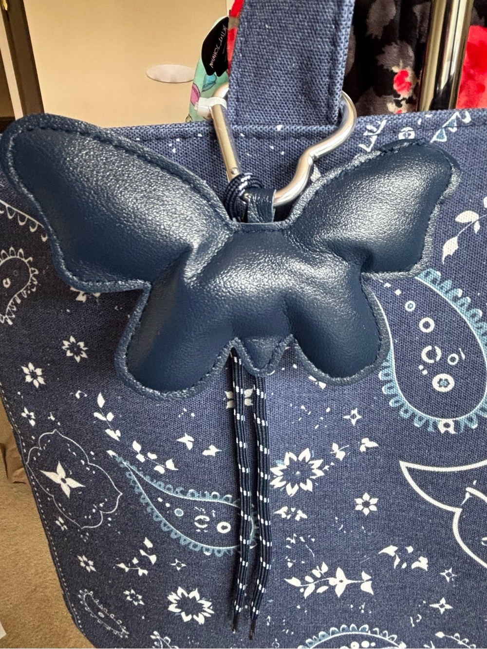 Blue Paisley Tote Bag with Butterfly Charm - Picture 2 of 4